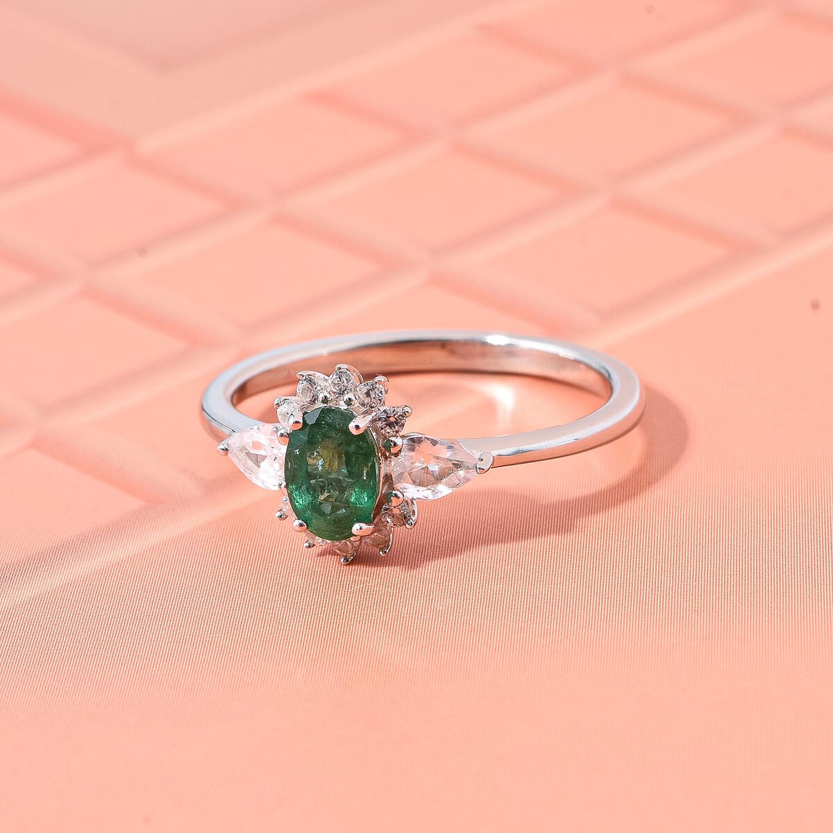 Premium Kagem Zambian Emerald and White Zircon 1.00 ctw Dewdrop Flower Ring in Rhodium Over Sterling Silver (Size 5.0)  image number 1