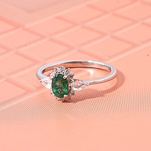 Premium Kagem Zambian Emerald and White Zircon 1.00 ctw Dewdrop Flower Ring in Rhodium Over Sterling Silver (Size 5.0) 