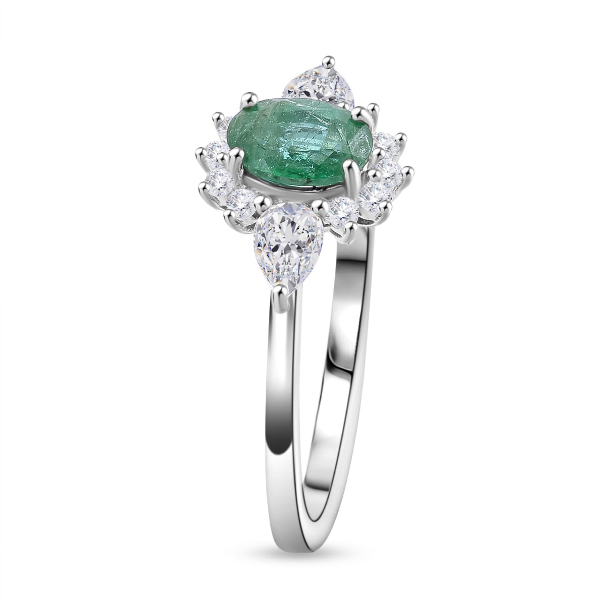 Premium Kagem Zambian Emerald and White Zircon 1.00 ctw Dewdrop Flower Ring in Rhodium Over Sterling Silver (Size 5.0)  image number 3