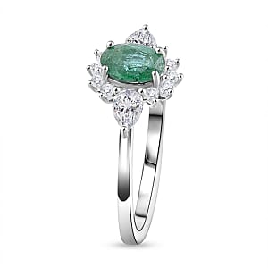 Premium Kagem Zambian Emerald and White Zircon 1.00 ctw Dewdrop Flower Ring in Rhodium Over Sterling Silver (Size 5.0) 