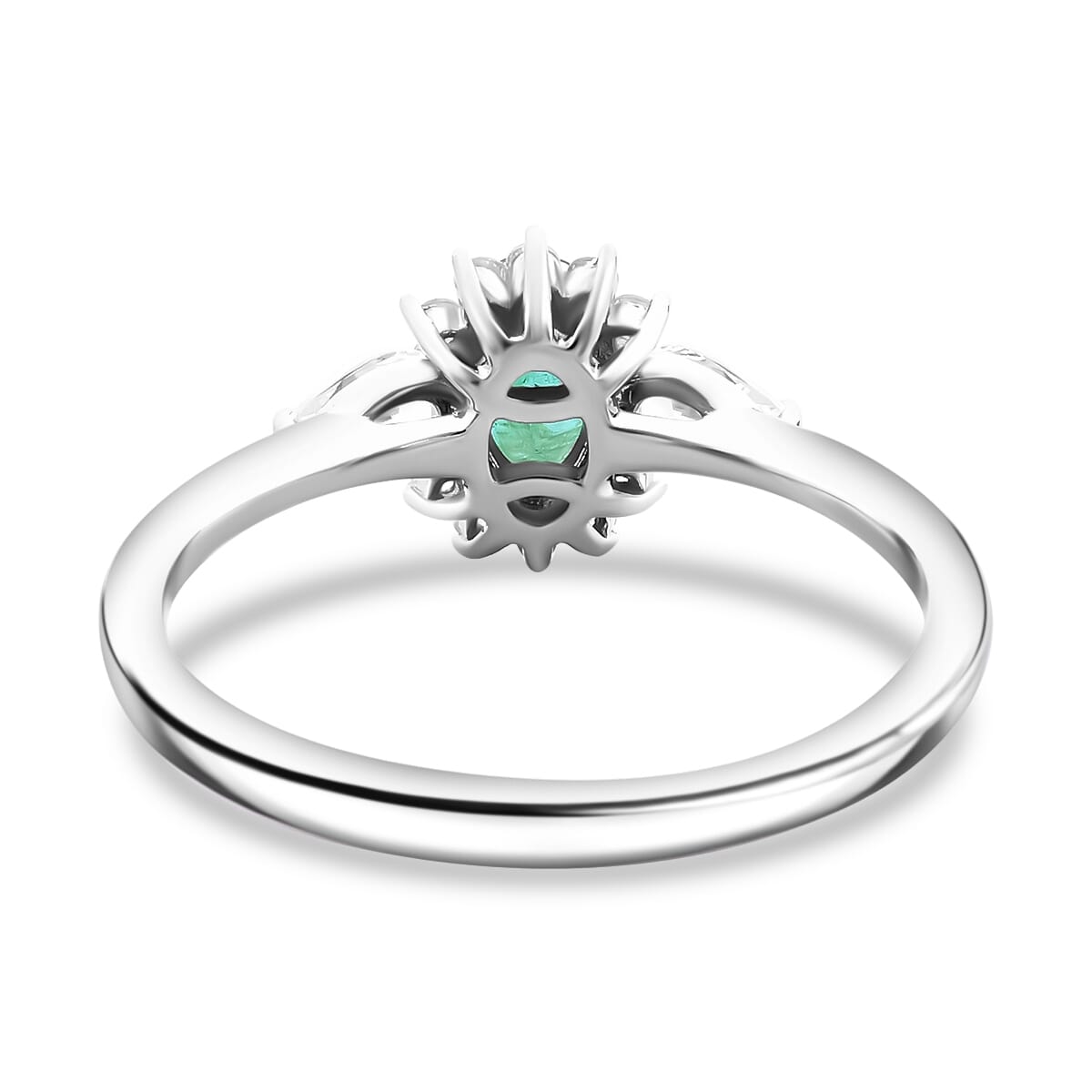 Premium Kagem Zambian Emerald and White Zircon 1.00 ctw Dewdrop Flower Ring in Rhodium Over Sterling Silver (Size 5.0)  image number 4