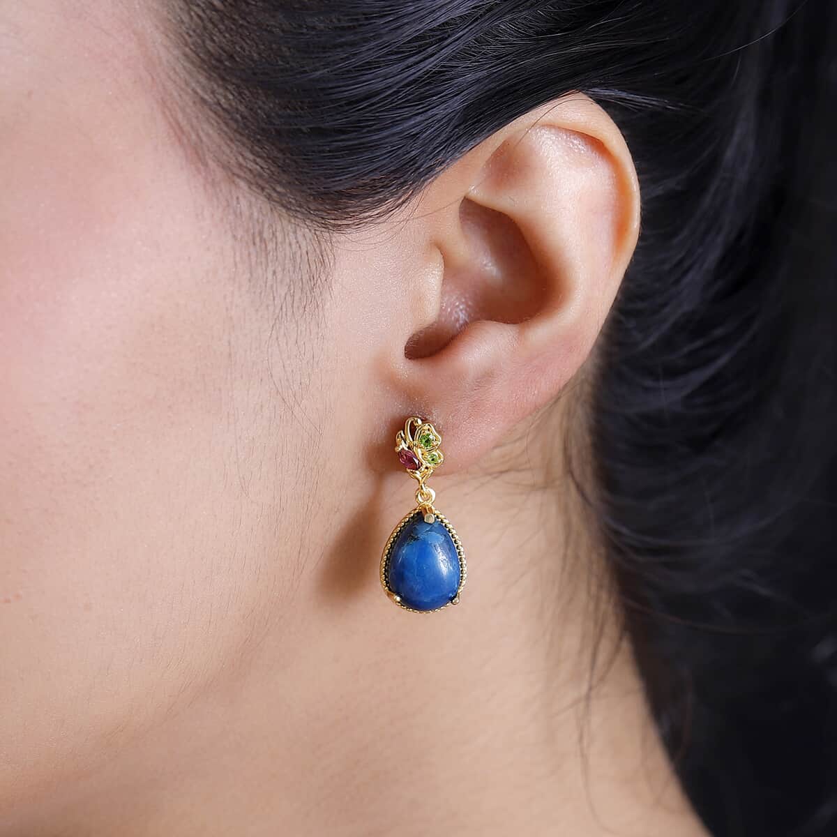 Karis Table Mountain Shadowkite and Multi Gemstone 11.70 ctw Floral Earrings in 18K YG Plated image number 2