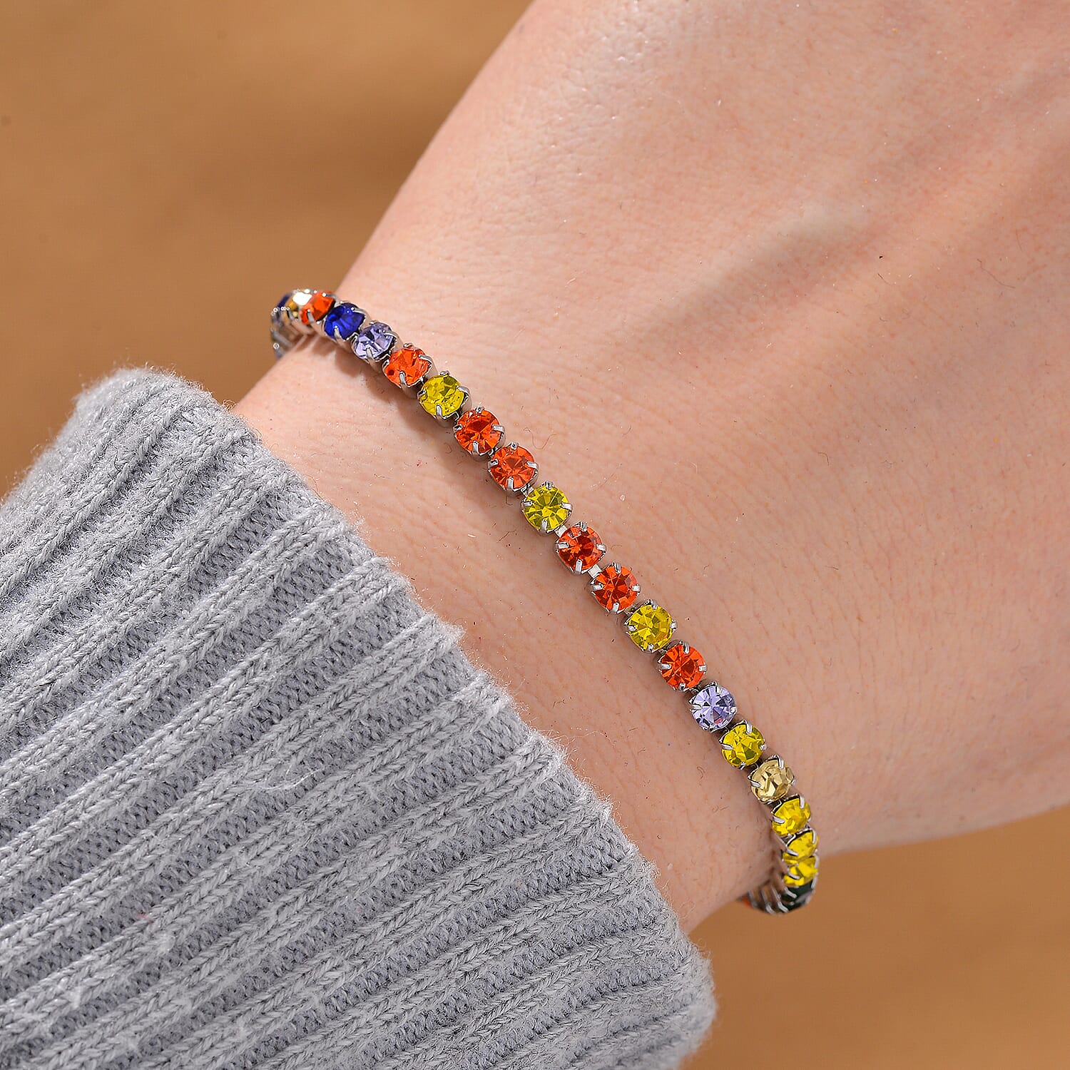 Multi Color Austrian Crystal Bracelet in Stainless Steel (7.50 In) 0.05 ctw