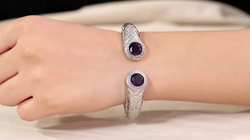 Premium African Amethyst Bangle Bracelet in Stainless Steel (6.50 In) 6.70 ctw