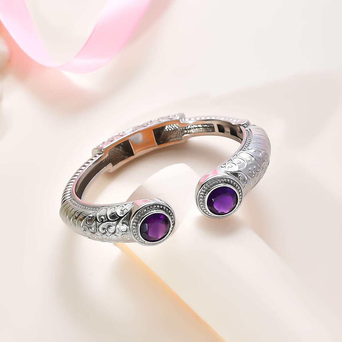 Premium African Amethyst 6.70 ctw Bangle Bracelet in Stainless Steel (8.00 In)  image number 1