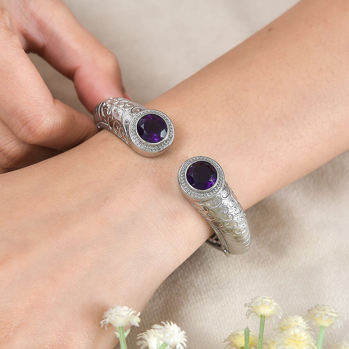 Premium African Amethyst 6.70 ctw Bangle Bracelet in Stainless Steel (8.00 In)  image number 2