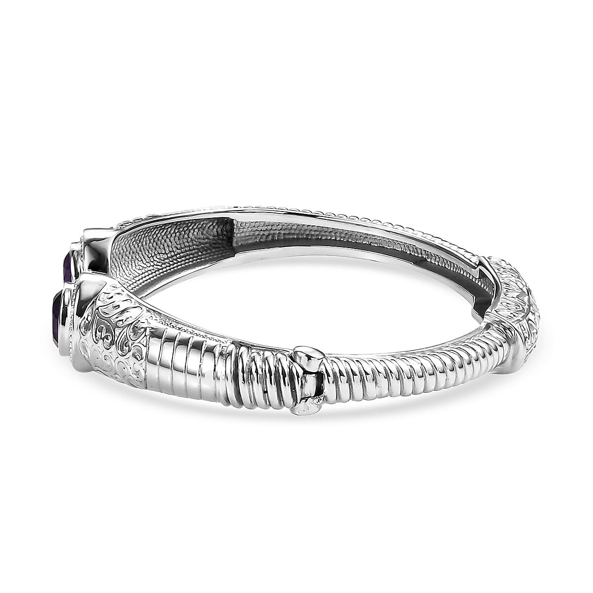 Premium African Amethyst 6.70 ctw Bangle Bracelet in Stainless Steel (8.00 In)  image number 3