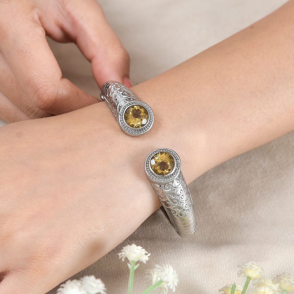 Premium Brazilian Citrine 7.40 ctw Bangle Bracelet in Stainless Steel (6.50 In)  image number 2
