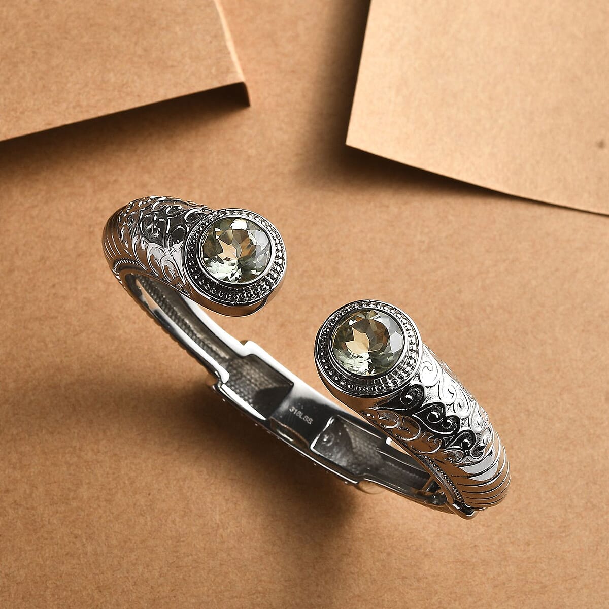 Premium Montezuma Prasiolite 7.35 ctw Bangle Bracelet in Stainless Steel (6.50 In)  image number 1