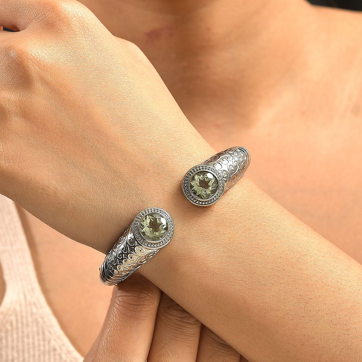 Premium Montezuma Prasiolite 7.35 ctw Bangle Bracelet in Stainless Steel (6.50 In)  image number 2