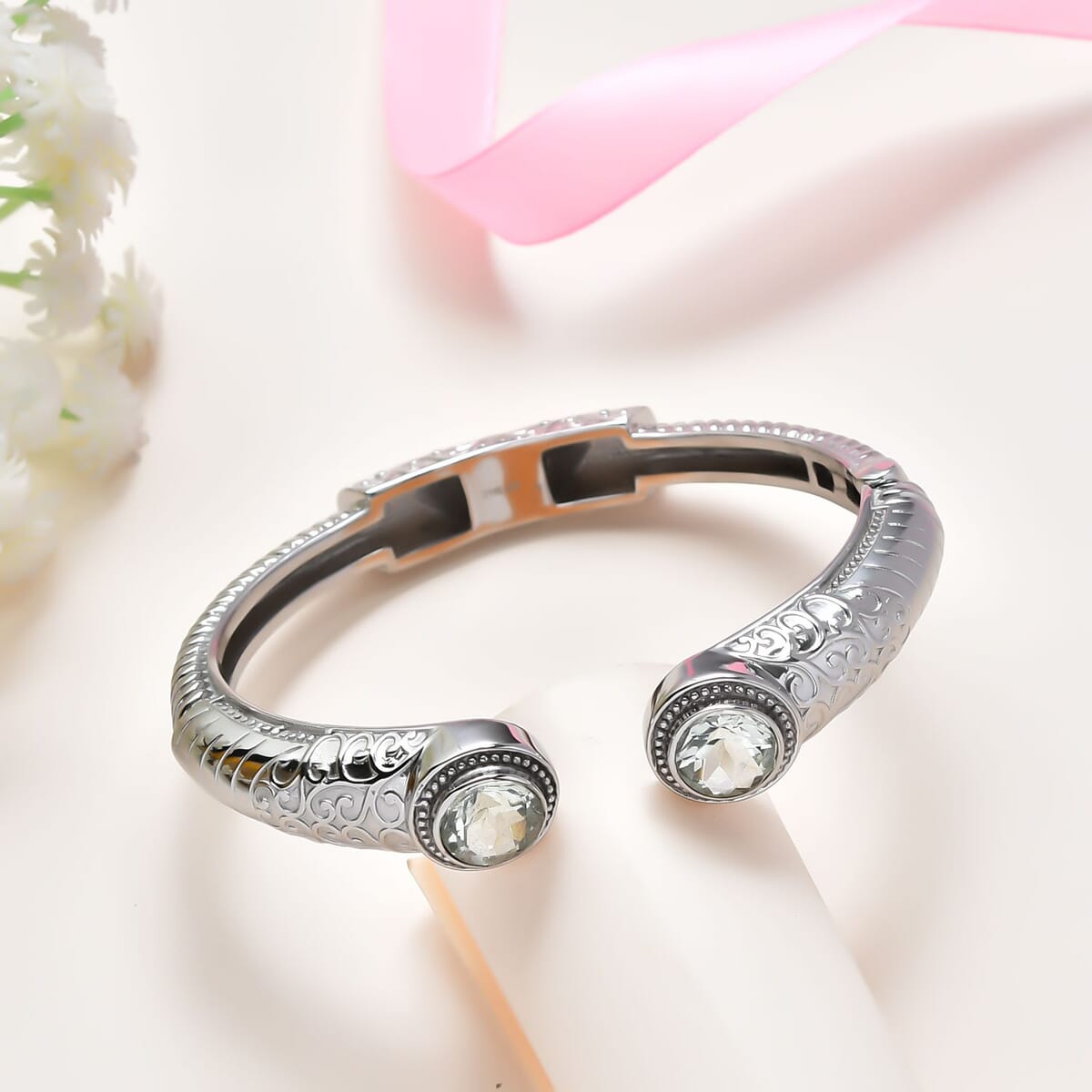 Premium Montezuma Prasiolite 7.35 ctw Bangle Bracelet in Stainless Steel (8.00 In)  image number 1