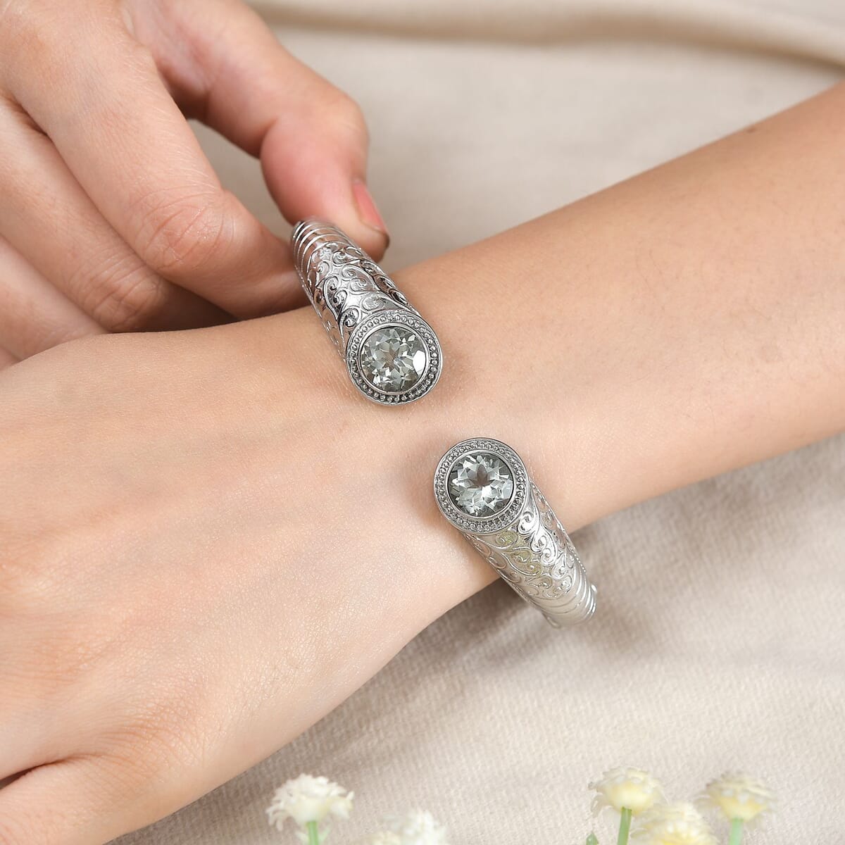 Premium Montezuma Prasiolite 7.35 ctw Bangle Bracelet in Stainless Steel (8.00 In)  image number 2