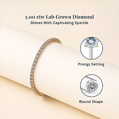 Luxuriant Lab Grown Diamond E-F VS 5.00 ctw Tennis Bracelet in 18K Vermeil Yellow Gold Over Sterling Silver (7.25 In)