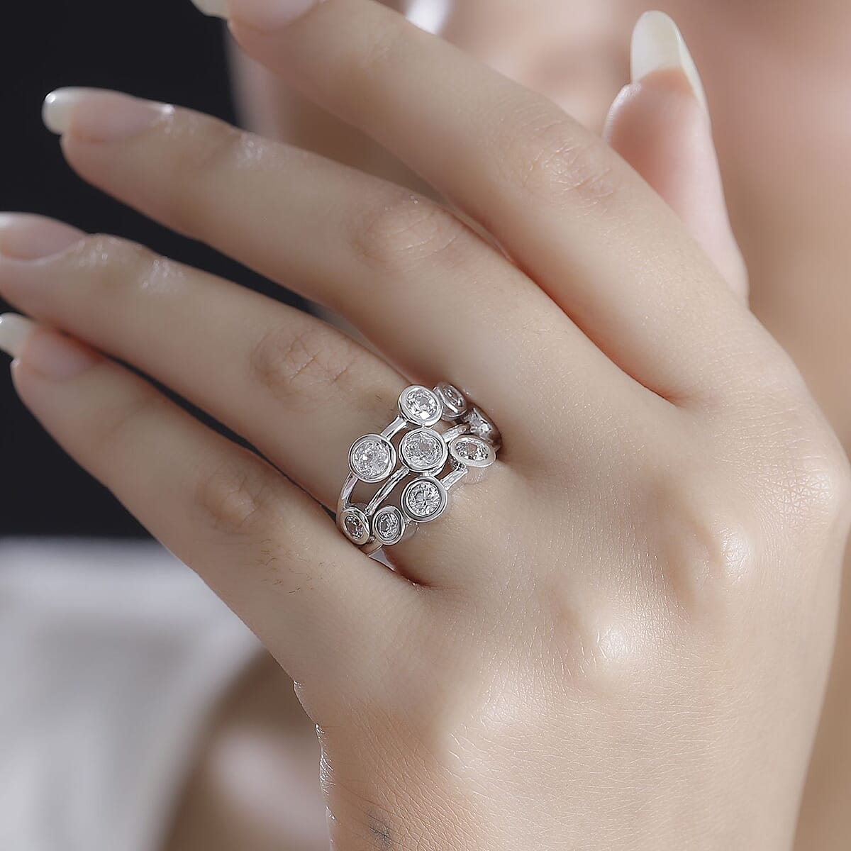 J Francis Embellished with Zirconia by Swarovski 3.15 ctw Bubbles Ring in Rhodium Over Sterling Silver (Size 8.0) image number 3