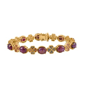 Indian Star Ruby and Multi Gemstone 39.60 ctw Clover Leaf Bracelet in 18K Vermeil Yellow Gold Over Sterling Silver (8.00 In)