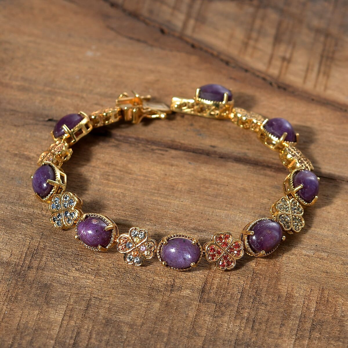 Indian Star Ruby and Multi Gemstone 39.60 ctw Clover Leaf Bracelet in 18K Vermeil Yellow Gold Over Sterling Silver (8.00 In) image number 1