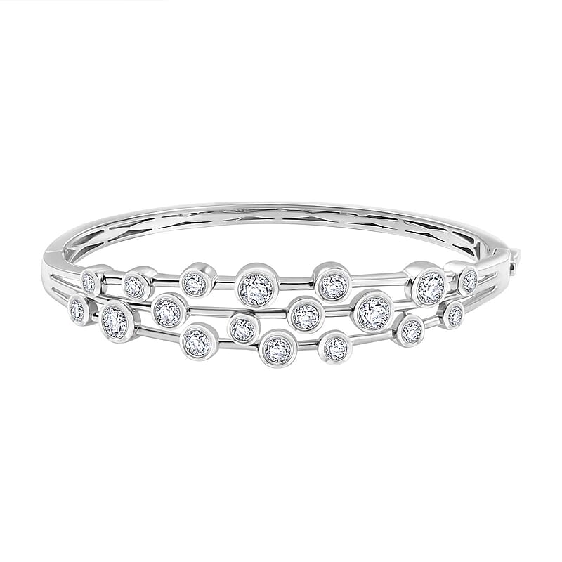 J Francis Embellished with Zirconia by Swarovski 8.70 ctw Bubbles Bangle Bracelet in Rhodium Over Sterling Silver (7.25 In)