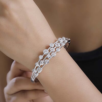 J Francis Embellished with Zirconia by Swarovski 8.70 ctw Bubbles Bangle Bracelet in Rhodium Over Sterling Silver (7.25 In)