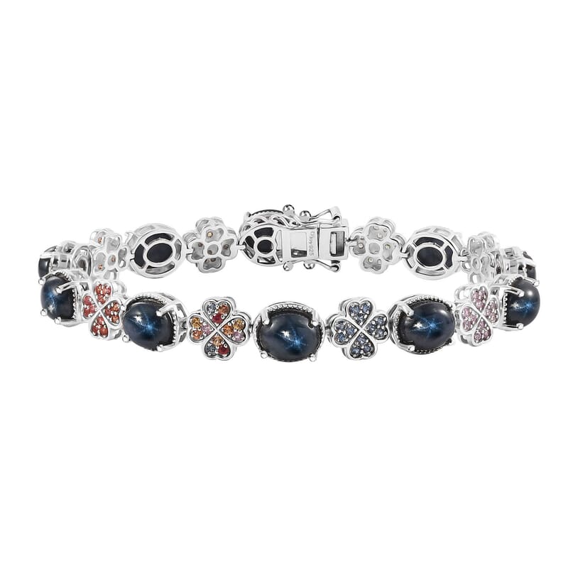 D'Joy Blue Star Sapphire (DF) and Multi Gemstone 30.50 ctw Clover Leaf Bracelet in Rhodium Over Sterling Silver (8.00 In)