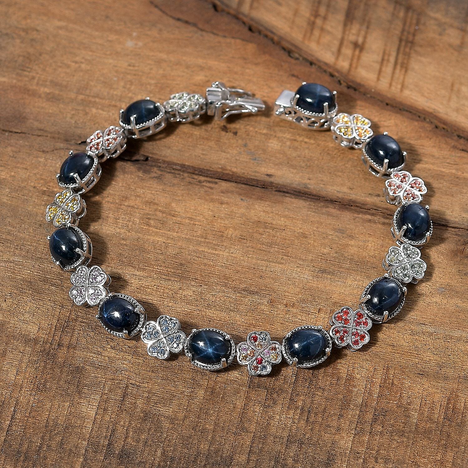 D'Joy Blue Star Sapphire (DF) and Multi Gemstone 30.50 ctw Clover Leaf Bracelet in Rhodium Over Sterling Silver (8.00 In)