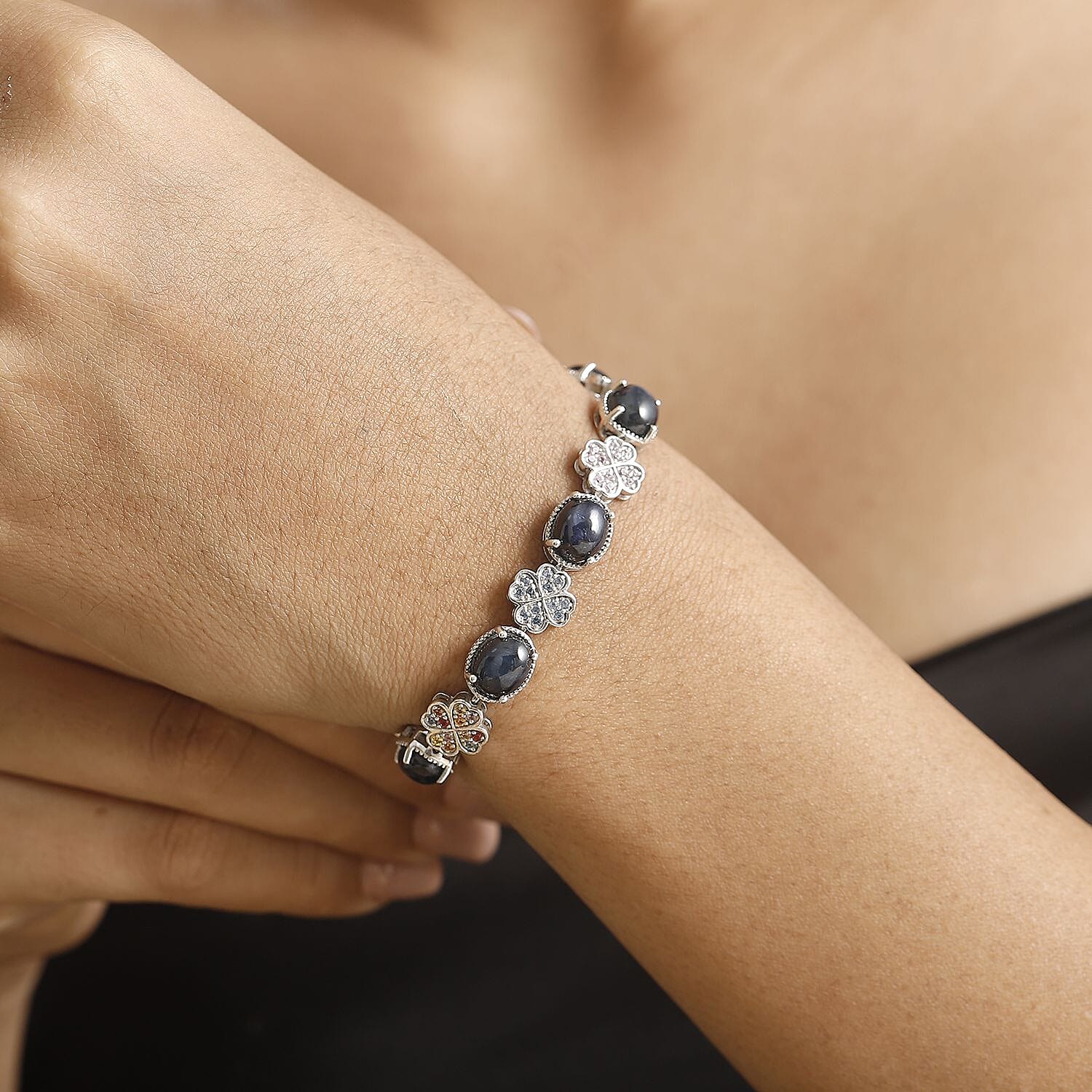 D'Joy Blue Star Sapphire (DF) and Multi Gemstone 30.50 ctw Clover Leaf Bracelet in Rhodium Over Sterling Silver (8.00 In)