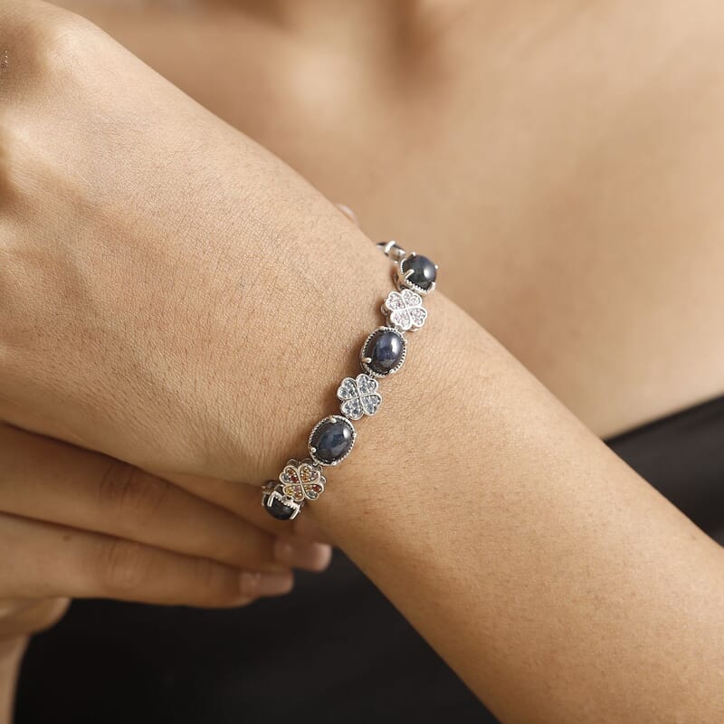 D'Joy Blue Star Sapphire (DF) and Multi Gemstone 30.50 ctw Clover Leaf Bracelet in Rhodium Over Sterling Silver (8.00 In)