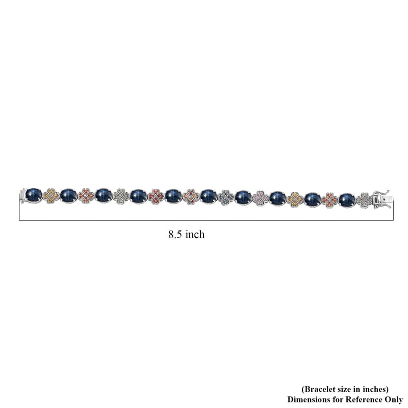 D'Joy Blue Star Sapphire (DF) and Multi Gemstone 30.50 ctw Clover Leaf Bracelet in Rhodium Over Sterling Silver (8.00 In)