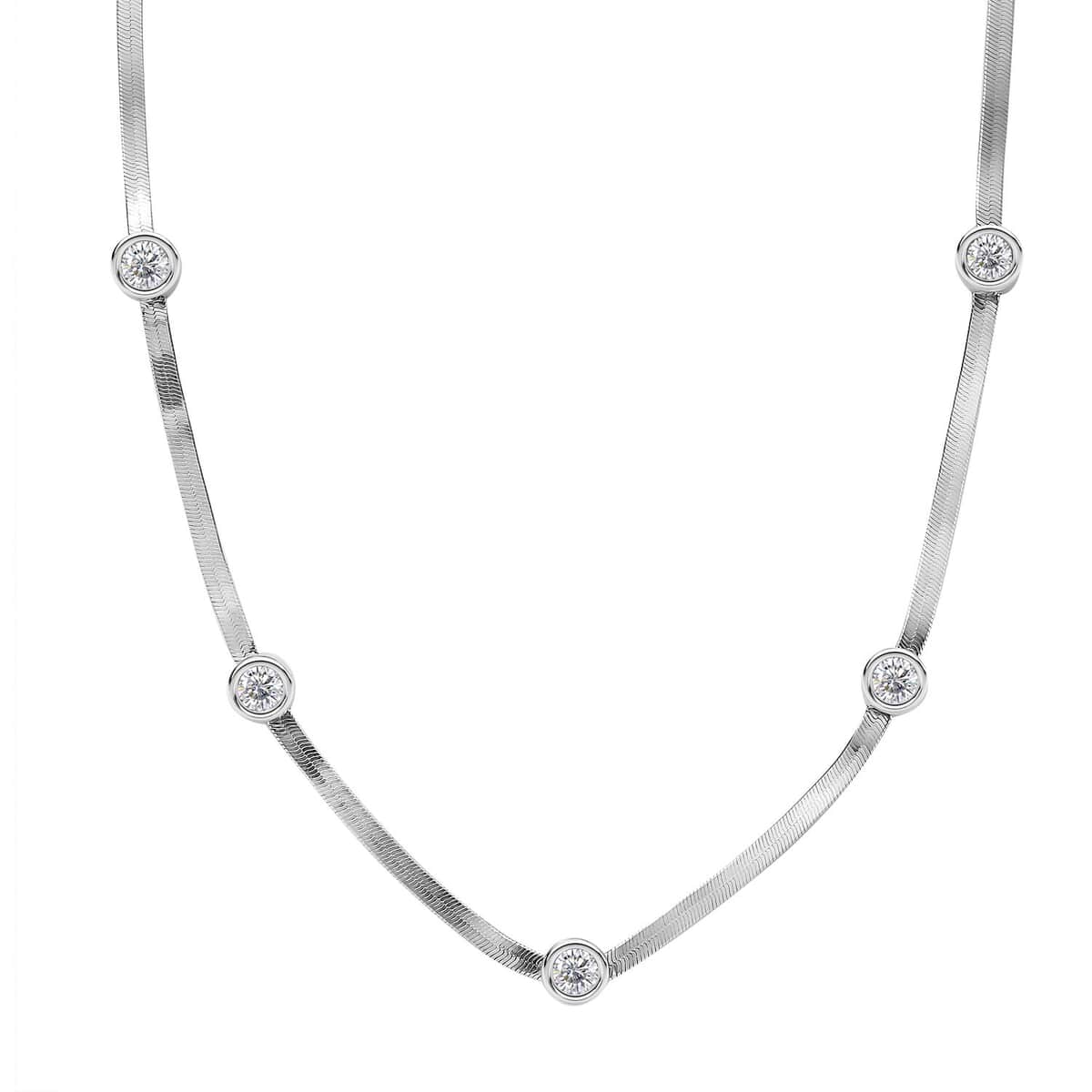 J Francis Embellished with Zirconia by Swarovski 6.40 ctw Herringbone Chain Station Necklace 18-20 Inches in Rhodium Over Sterling Silver image number 0