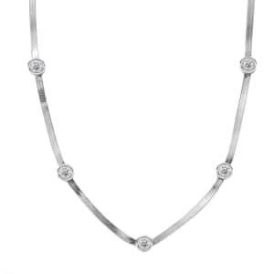 J Francis Embellished with Zirconia by Swarovski 6.40 ctw Herringbone Chain Station Necklace 18-20 Inches in Rhodium Over Sterling Silver