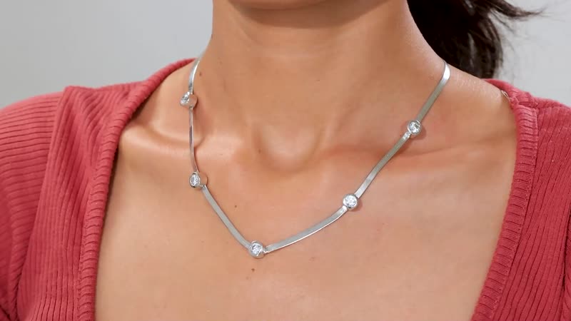 J Francis Embellished with Zirconia by Swarovski 6.40 ctw Herringbone Chain Station Necklace 18-20 Inches in Rhodium Over Sterling Silver