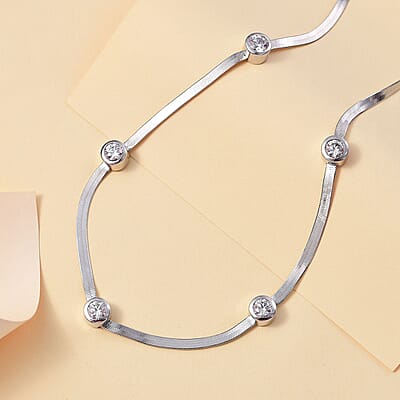 J Francis Embellished with Zirconia by Swarovski 6.40 ctw Herringbone Chain Station Necklace 18-20 Inches in Rhodium Over Sterling Silver