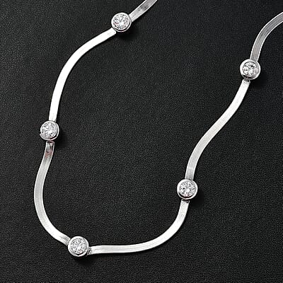 J Francis Embellished with Zirconia by Swarovski 6.40 ctw Herringbone Chain Station Necklace 18-20 Inches in Rhodium Over Sterling Silver
