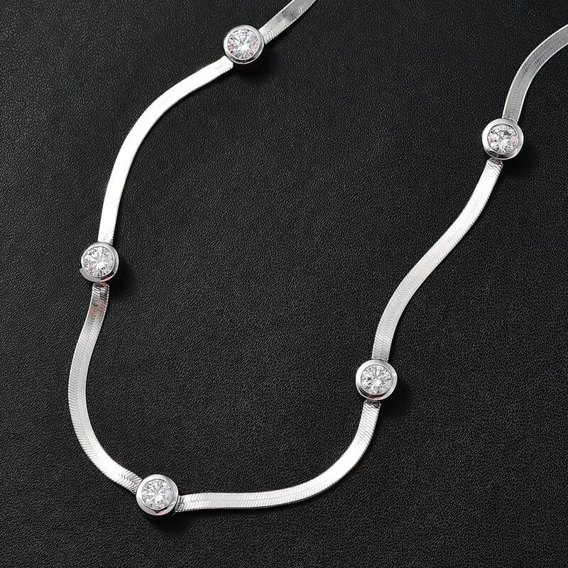 J Francis Embellished with Zirconia by Swarovski 6.40 ctw Herringbone Chain Station Necklace 18-20 Inches in Rhodium Over Sterling Silver