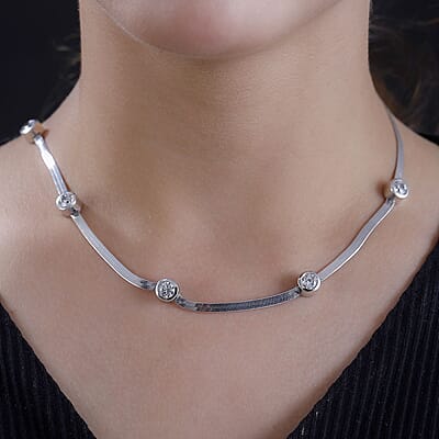 J Francis Embellished with Zirconia by Swarovski 6.40 ctw Herringbone Chain Station Necklace 18-20 Inches in Rhodium Over Sterling Silver