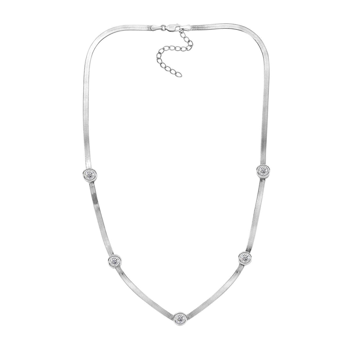 J Francis Embellished with Zirconia by Swarovski 6.40 ctw Herringbone Chain Station Necklace 18-20 Inches in Rhodium Over Sterling Silver image number 4