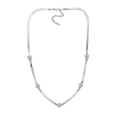 J Francis Embellished with Zirconia by Swarovski 6.40 ctw Herringbone Chain Station Necklace 18-20 Inches in Rhodium Over Sterling Silver
