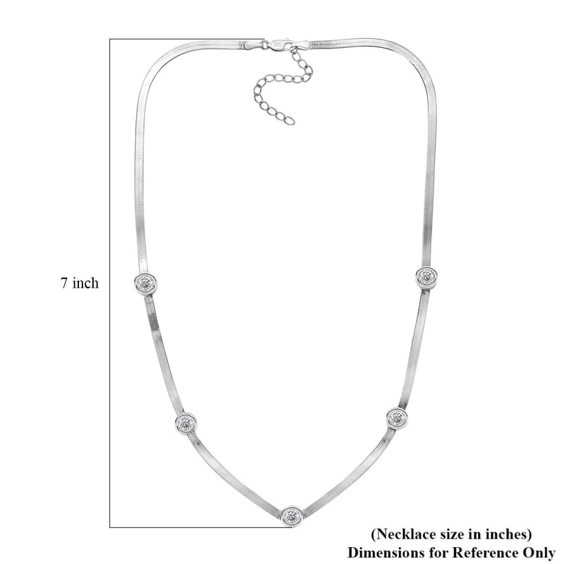 J Francis Embellished with Zirconia by Swarovski 6.40 ctw Herringbone Chain Station Necklace 18-20 Inches in Rhodium Over Sterling Silver