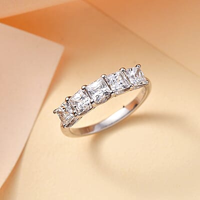 J Francis Embellished with Zirconia by Swarovski 3.35 ctw 5 Stone Ring in Rhodium Over Sterling Silver (Size 10.0) 