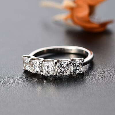 J Francis Embellished with Zirconia by Swarovski 3.35 ctw 5 Stone Ring in Rhodium Over Sterling Silver (Size 10.0) 