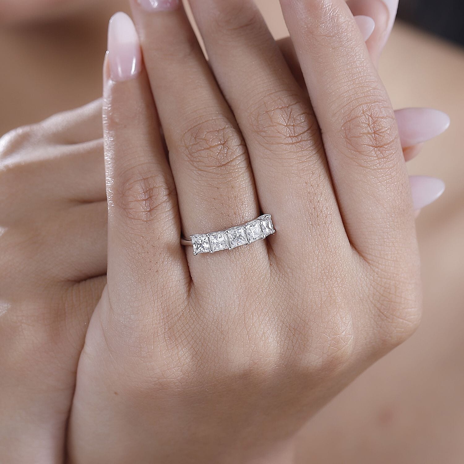J Francis Embellished with Zirconia by Swarovski 3.35 ctw 5 Stone Ring in Rhodium Over Sterling Silver (Size 10.0) 