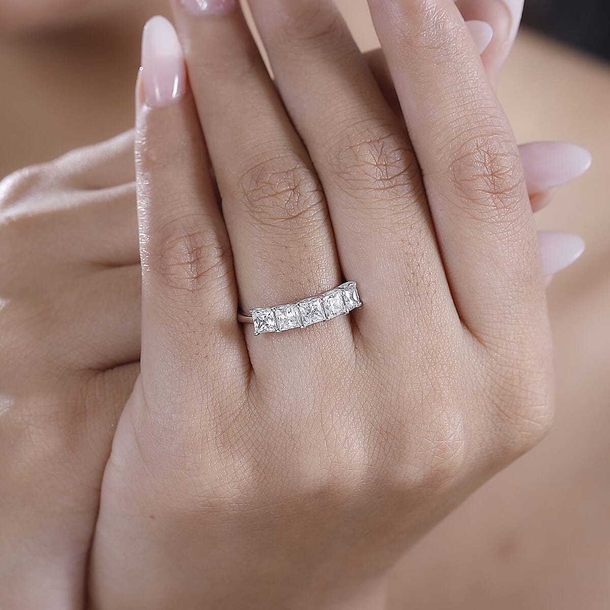 J Francis Embellished with Zirconia by Swarovski 3.35 ctw 5 Stone Ring in Rhodium Over Sterling Silver (Size 6.0)  image number 2