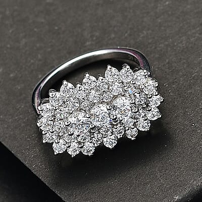 J Francis Embellished with Zirconia by Swarovski 4.15 ctw Floral Cluster Ring in Rhodium Over Sterling Silver (Size 10.0)