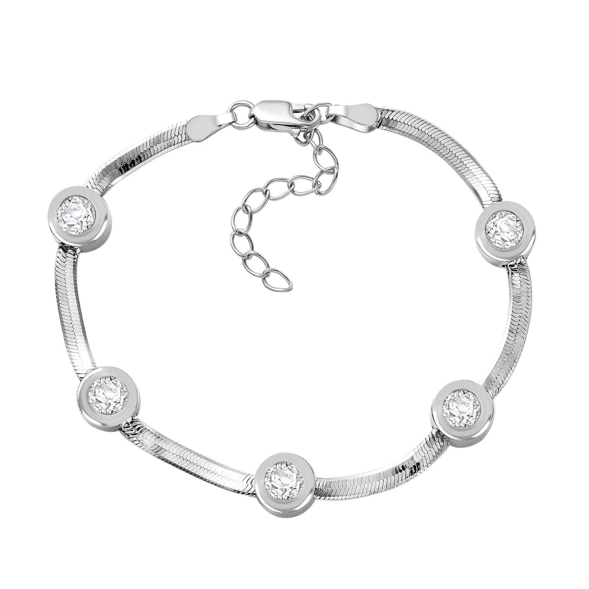 J Francis Embellished with Zirconia by Swarovski 7.40 ctw Herringbone Chain Station Bracelet in Rhodium Over Sterling Silver (6.50-8.00In) image number 0