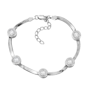 J Francis Embellished with Zirconia by Swarovski 7.40 ctw Herringbone Chain Station Bracelet in Rhodium Over Sterling Silver (6.50-8.00In)