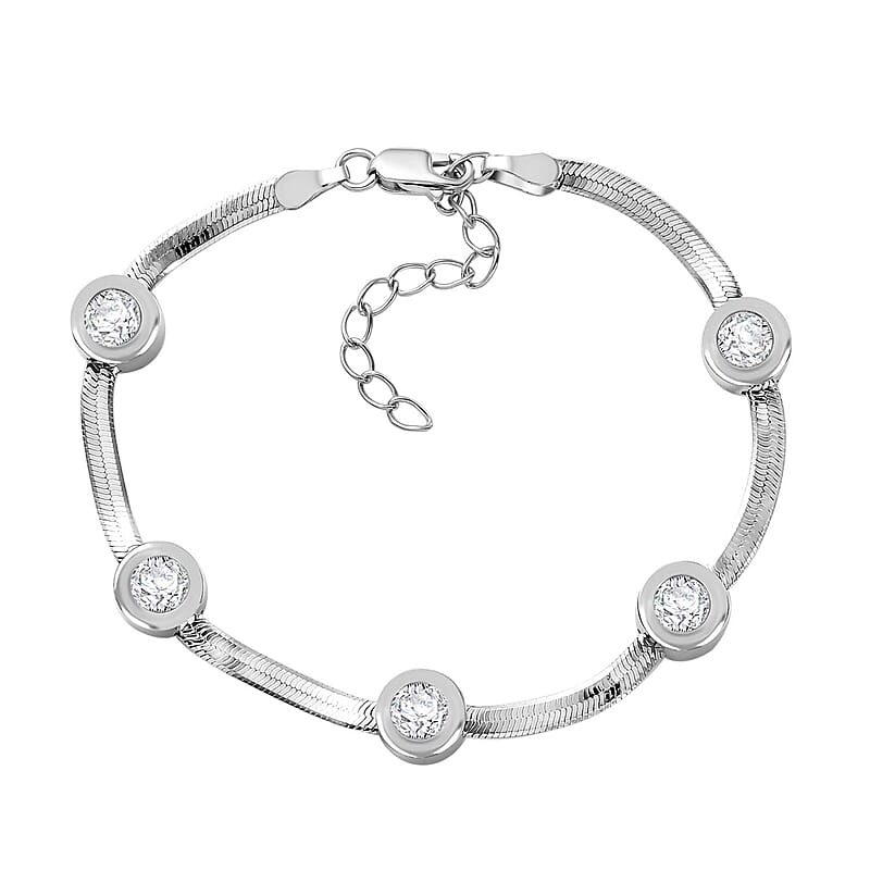 J Francis Embellished with Zirconia by Swarovski 7.40 ctw Herringbone Chain Station Bracelet in Rhodium Over Sterling Silver (6.50-8.00In)