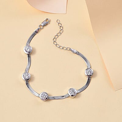 J Francis Embellished with Zirconia by Swarovski 7.40 ctw Herringbone Chain Station Bracelet in Rhodium Over Sterling Silver (6.50-8.00In)