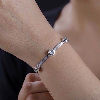 J Francis Embellished with Zirconia by Swarovski 7.40 ctw Herringbone Chain Station Bracelet in Rhodium Over Sterling Silver (6.50-8.00In)