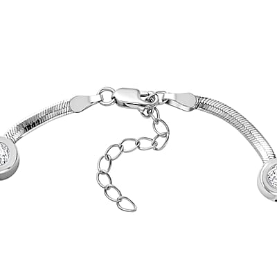J Francis Embellished with Zirconia by Swarovski 7.40 ctw Herringbone Chain Station Bracelet in Rhodium Over Sterling Silver (6.50-8.00In)