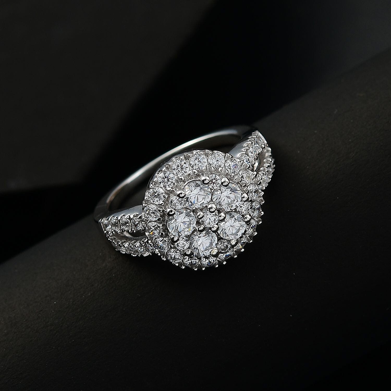 J Francis Embellished with Zirconia by Swarovski 2.40 ctw Cluster Halo Ring in Rhodium Over Sterling Silver (Size 10.0)