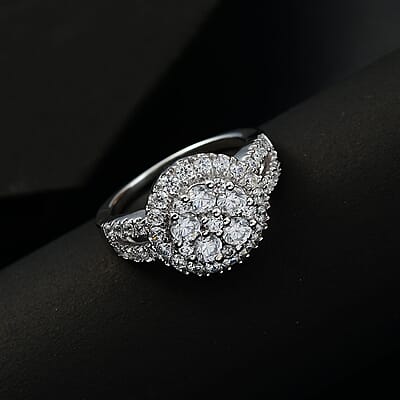 J Francis Embellished with Zirconia by Swarovski 2.40 ctw Cluster Halo Ring in Rhodium Over Sterling Silver (Size 10.0)